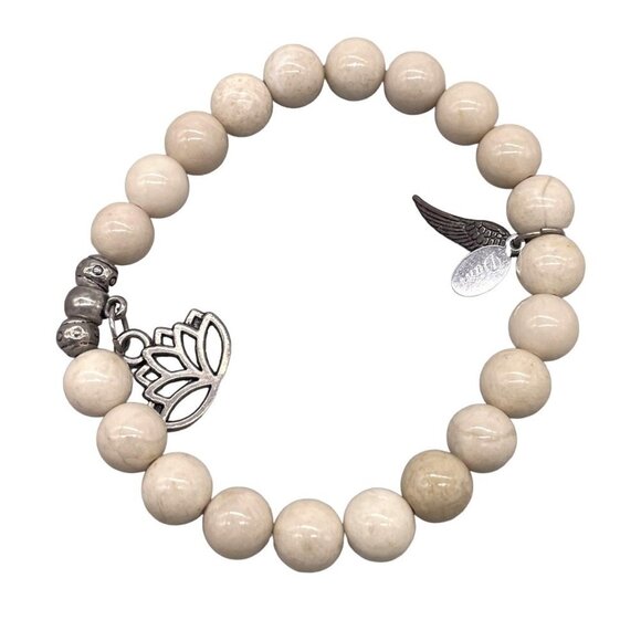 Dani Glass Beaded Lotus Flower and Angel Wing Charm Bangle Bracelet - Picture 1 of 5
